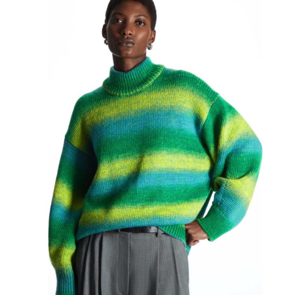 COS Green Striped Wool Mock Neck Sweater 100% Wool